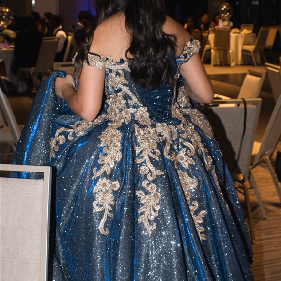 Blue and Gold embroided and embelished gown. - Picture 4 of 4